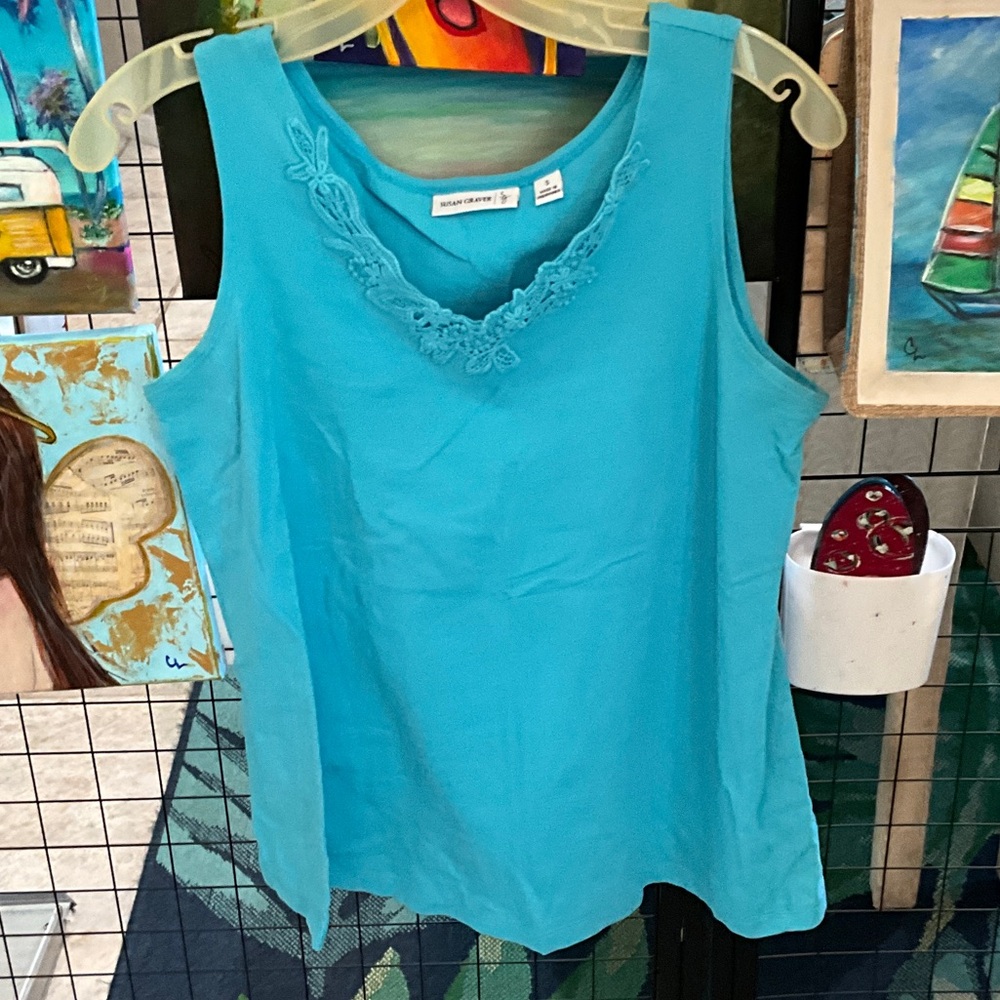 Susan Graver Aqua Embroidered Tank Top